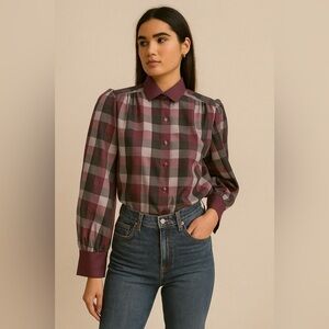 Vintage Blouse Puff Sleeve Plaid Peter Pan Collar Purple Button Down Size M L﻿